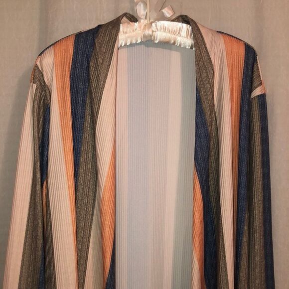 XL Colored Vertical Striped Ribbed Waterfall Open Long Sleeve Cardigan Duster - Picture 3 of 10